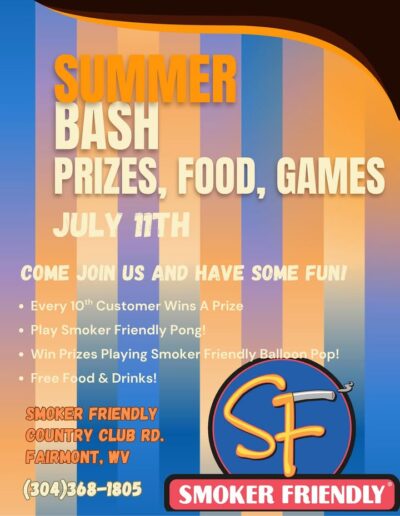 You’re all invited! Join us for our Summer Bash Party at Smoker Friendly in Fairmont! We will have hot dogs, hot dog sauce, condiments, nachos and chips, popcorn, cupcakes, water, Pepsi, Mountain Dew and Sprite! #ShopLocal #SmokerFriendlyWV